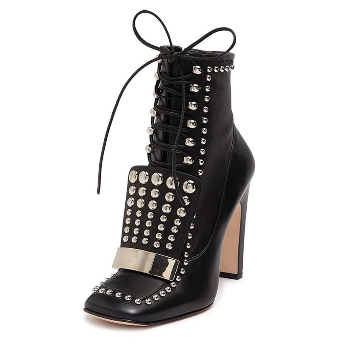 FYS Womens Square Toe Ankle Boots Rivet Studded Chunky Block High Heel Booties Metallic Buckle Lace up Party