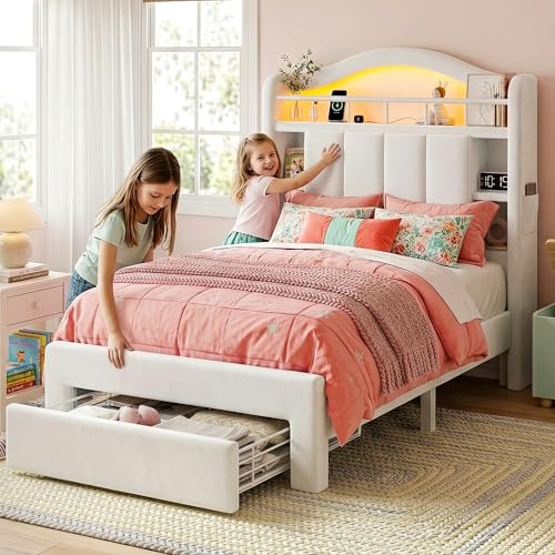 Image of Twin Size LED Bed Frame with Storage Headboard, Upholstered Velvet Wood Princess Bed for Girls with 5 Charging Ports (USB-C & AC), Hidden Compartment, Sturdy Aluminum Frame & 1 Silent Drawers Beige