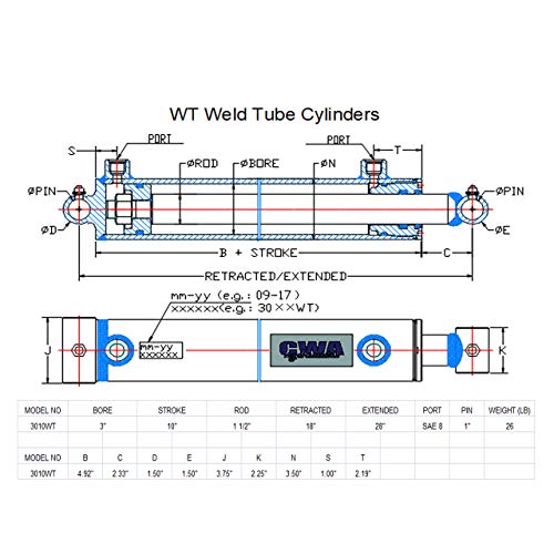Image of WT Weld Cross Tube Hydraulic Cylinder 3 inch Bore x 10 inch Stroke x 1 1 /2 inch Rod x SAE 8 Port x 3000 PSI