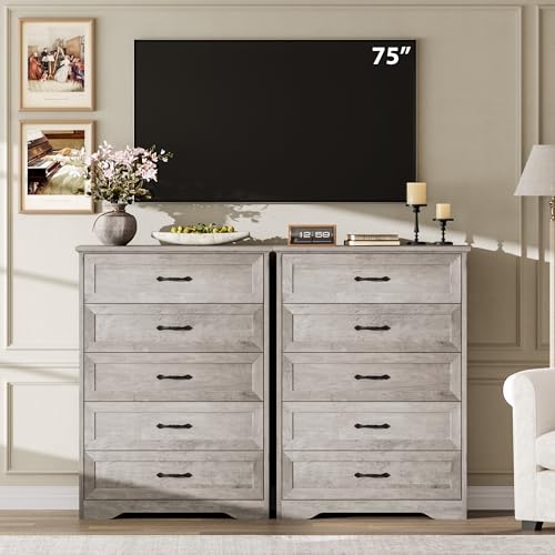 GarveeHome 5 Drawers Dresser for Bedroom,Chest of Drawers with Wide Metal Handle,Farmhouse Modern Wooden Tall Dresser,Natural Texture,Storage Organizer for Bedroom,Living Room,Kids Room(Grey)