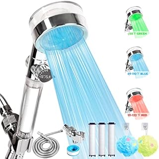 TGQQ LED Shower Head with Handheld, Shower Heads High Pressure Hydro Jet Shower Head with Hose, 3 Water Temperature-Controlled Filtered Shower Head for Dry Hair& Skin (A LED Shower Head)