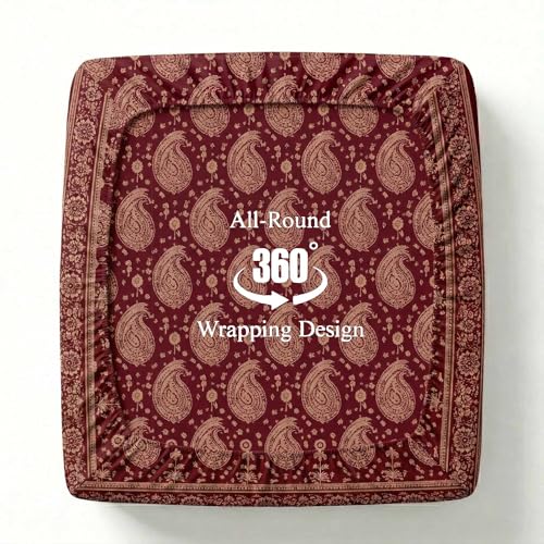Image of VAS COLLECTIONS 180 TC Cotton Fitted Bedsheet Double Bed (72x78+8 Inches) with 2 Pillow Covers - Soft Breathable Skin Friendly Jaipuri Printed Elastic Fitted Bed Sheet, Wine