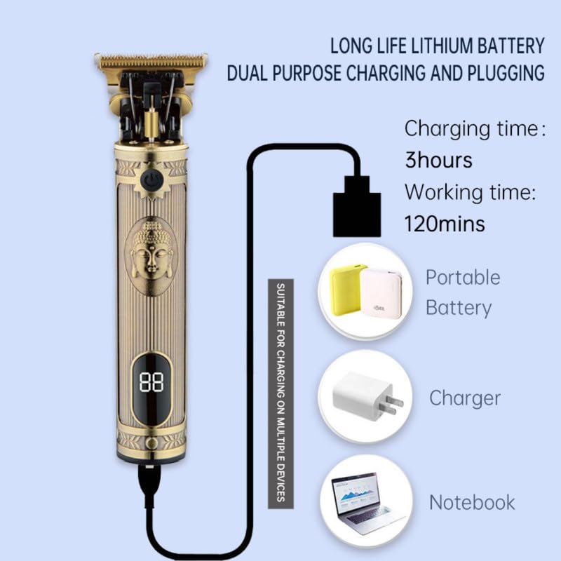 Diagram showing the SURKER SK-993A clipper connected to various charging devices like portable battery, charger, and notebook, with charging time of 3 hours and working time of 120 minutes.