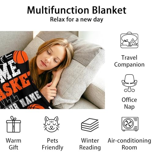 Mercuryelf Custom Basketball Throw Blanket - Soft, Fuzzy & Warm - 60x80 Inches Flannel Blankets for Bed, Couch - Black Sports Throws Gift for Adults