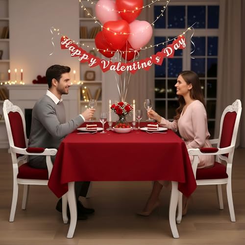 Image of sancua Rectangle Tablecloth - 60 x 84 Inch - Stain and Wrinkle Resistant Washable Polyester Table Cloth, Decorative Fabric Table Cover for Dining Tables, Buffet Parties, Valentine's Day, Red