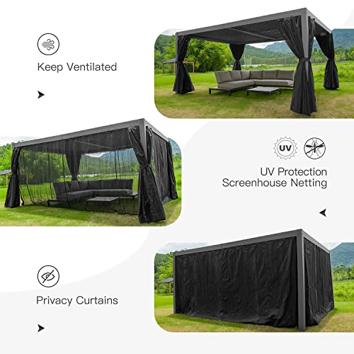 Domi Louvered Pergola 12' × 16', Outdoor Aluminium Pergola with Adjustable Roof, Curtains and Netting, Hardtop Gazebo for Patio, Deck, Garden, Yard, Beach(Gray) - Image 7