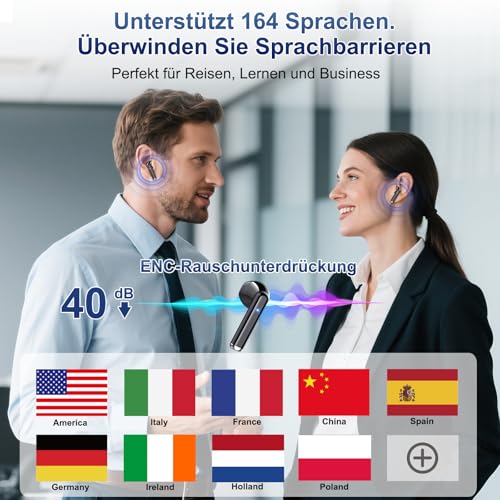 AI Übersetzer Kopfhörer, 3-in-1 Bluetooth 5.4 Sprachübersetzer mit 164 Sprachen, 6 Übersetzungsmodi Echtzeit Übersetzer Ohrhörer mit APP, ENC Rauschunterdrückung Kopfhörer für Lernen, Reisen, Business