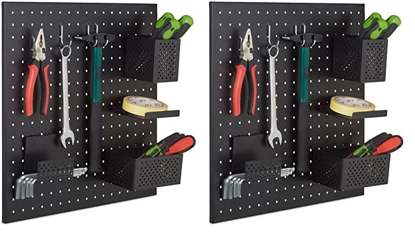 Relaxdays Werkzeugwand, Metall Lochwand, HxB 45 x 45 cm, 9-teiliges Werkzeughalter Set, Werkstattordnungssystem, schwarz (Packung mit 2)