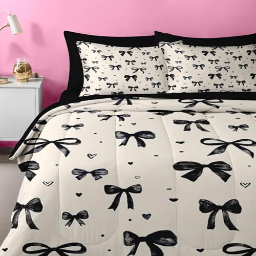 Image of Nesker Bow Comforter Set Queen Size, 7 Pieces Bed in a Bag, Black Bow Bedding Set for Girls, Coquette Heart Comforter Set with 2 Pillowcases & 2 Shams