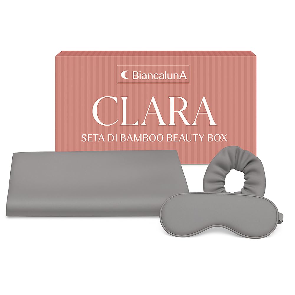 BIANCALUNA | Beauty Box Clara |Set in Seta di Bamboo Federa - Elastico - Mascherina | Ipoallergenico | Traspirante | Sostenibile | Elegante | Morbido | 100% Seta di Bamboo (GRIGIO)