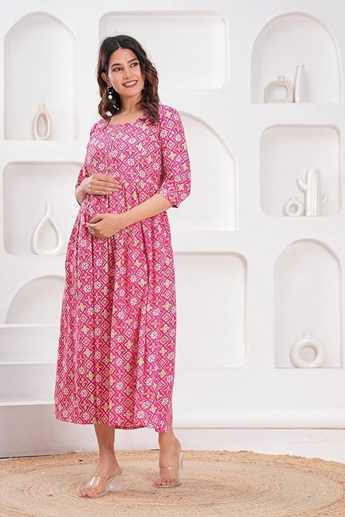 Image of Women's Pure Cotton Floral Printed Maternity Feeding Kurti with Zipper Feeding Dress for Women Feeding Gown