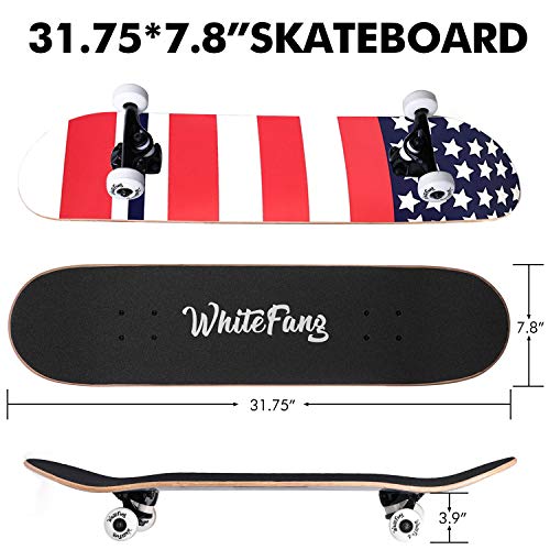 Image of WhiteFang Skateboards for Beginners, Complete Skateboard 31 x 7.88, 7 Layer Canadian Maple Double Kick Concave Standard and Tricks Skateboards for Kids and Beginners