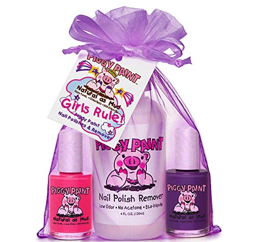 Piggy Paint Non-toxic Girls Nail Polish Kit - Safe Fingernail Polish for Kids - Girls Rule (Purple, Pink, Remover)