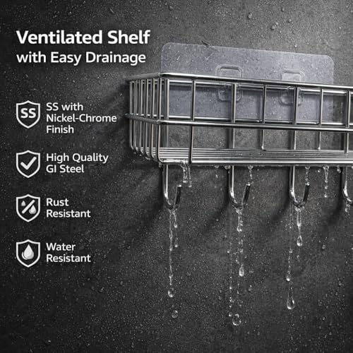 Image of SaleOn Stainless Steel Lifetime Rust Free Self Adhesive Shelf Rack Set of 2 for Kitchen & Bathroom | No Drill Wall Mount Sink Organizer with Hooks | Kitchen Sink Wall Organiser | 1 Year Warranty