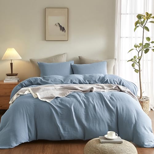 SE SOFTEXLY Muslin Duvet Cover Queen Size, 100% Washed Cotton Duvet Cover Set, Ultra Soft Comforter Cover Linen Like, 3 Pieces Minimalist Gauze Duvet Cover with 2 Pillowcases, 90"x90", Blue