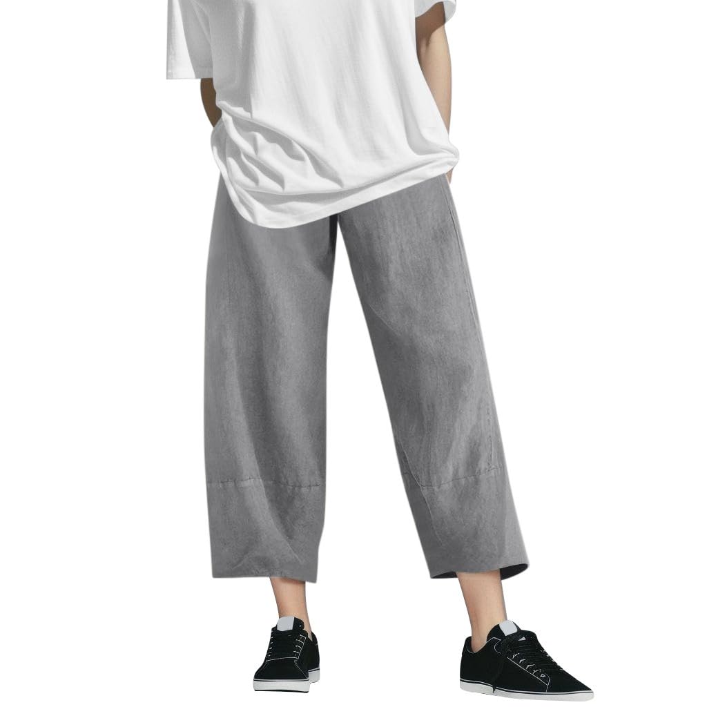 MengeWide Leg Linen Pants for Women Casual Summer Crop Pants Loose Fit Cotton Linen Elastic Waist Capri Pants with Pockets