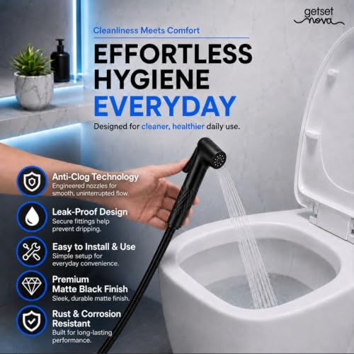 Image of Anti-Clog Jet Spray for Toilet with 1.5 Meter Pipe, ZeroBlock Silicone Nozzles, High Pressure Health Faucet, Leak-Proof Stainless Steel Jet Spray Gun, Bathroom Bidet Spray Full Set, Black
