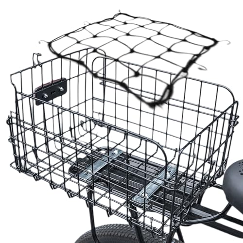 W&H Cesta trasera plegable para bicicleta, cesta de metal grande, plegable, cesta para bicicleta, portaequipajes trasero con accesorios de montaje, red para equipaje y reflector, cesta para bicicleta