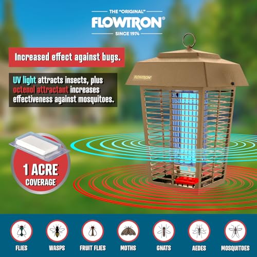 Image of Flowtron Bug Zapper, 1 Acre Outdoor, 40W UV Bulb, 5600V Zap Grid, Tan | Protects yards, patios, and farms - octenol lure attracts and helps eliminate mosquitoes, flies, and gnats - ETL certified