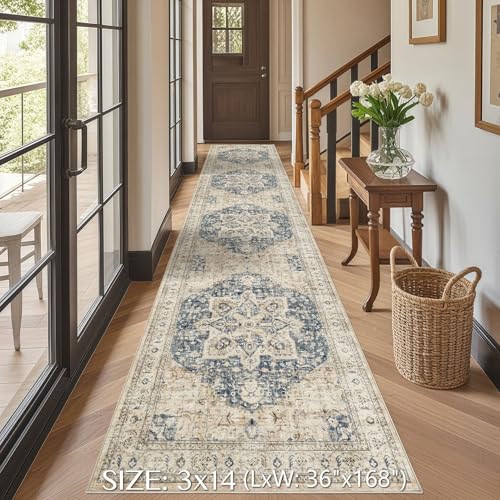 Tortania Area Rug 3x14 Runner Rugs - Washable Vintage Oriental Farmhouse Thin Indoor Carpet for Living Room Bedroom Hallway Entryway Kitchen Under Dining Table Home Office - Cream/Blue