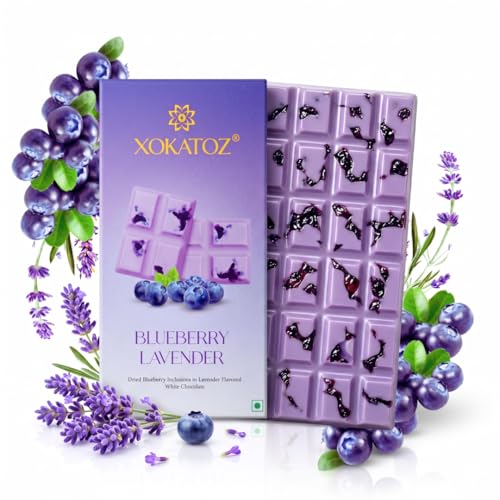 Image of XOKATOZ Exotic Premium Couverture Belgian Chocolate - 1 Blueberry Lavender Flavoured White Chocolate Bars - Gift set - Pack of 1, 75g (75g x 1)