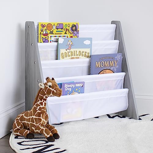 Image of Humble Crew 4-Tier Kids Bookshelf, Camo Wood /Green - Premium Book Shelf for Kids Rooms with Four Deep Pockets - Toddler Sling Book Rack with Deep Sleeves, Nursery Bookcase Organizer