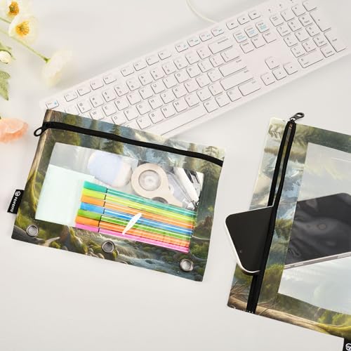 Estojo de lápis moderno com 3 anéis, bolsa de lápis com zíper para paisagem de urso floresta, caneta, escola, fichários, bolsos, giz de cera, 25 x 18 cm, 2 pacotes