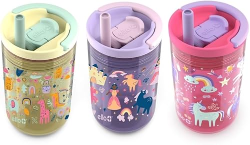 Ello Vaso de Tritan resistente a derrames con popote extraíble, asa de transporte integrada, paquete de 3 (animalprincesaunicornio)