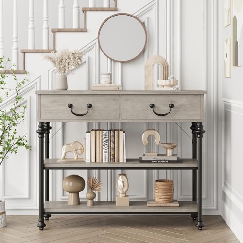 CherishCradle Table Console avec 2 Tiroirs et 2 Étagères Ouvertes,Console Meuble Rustique Table d'Appoint Étroite pour Couloir,Salon,Entrée, 100 x 30 x 80 cm, Gris