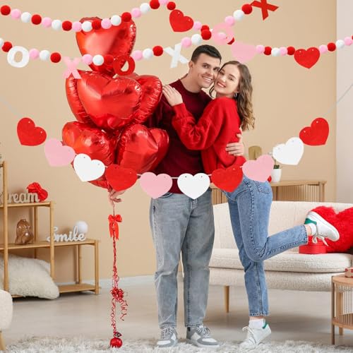 Image of 4 Pcs Valentine's Day Heart Felt Banner Pink XOXO Felt Banner Valentines White Pom Pom Ball Garland Valentine's Day Heart Pompom Hanging Banner Hanging Garland for Home Party Favors