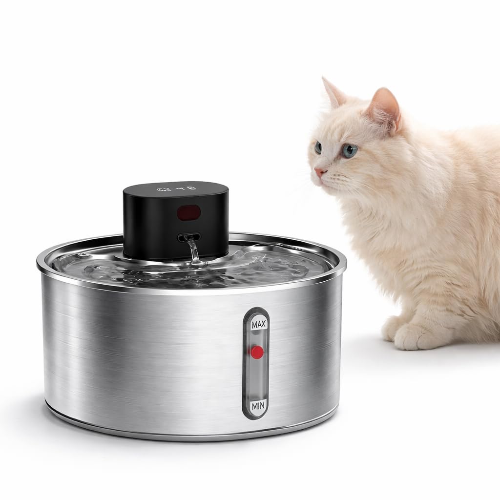 HOMELODY Fuente para gatos inalámbrica de acero inoxidable, 3,2 L, con batería, hasta 120 días, funcionamiento con sensor, silenciosa, con sistema de filtro de 5 compartimentos para gatos y perros