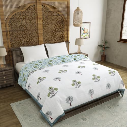 Image of BLOCKS OF INDIA Hand Block Printed Cotton King Size Quilt /Rajai | Open Grey Motifs