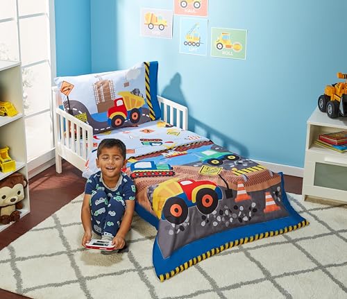 Image of EVERYDAY KIDS 4 Piece Toddler Bedding Set - Under Construction - Includes Comforter, Flat Sheet, Fitted Sheet and Reversible Pillowcase
