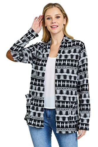 Image of Eloges Women's Multi Stripe Soft Knit Open Cardigan with Suede Elbow Patch
