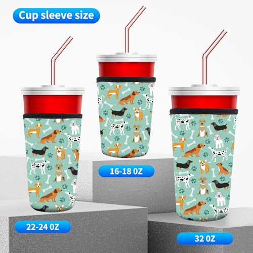Image of 3 Pack Reusable Neoprene Insulator Sleeve for Iced Coffee Cups, Funny Coffee Cup Sleeves for 16-32oz Coffee cups, Cute Drink Sleeve for Cold Hot Beverages Cute Green Dog