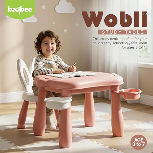 Image of BAYBEE Study Table with Chair for Kids | 5-in-1 Multifunctional Desk Set for 2+ Years baby | Activity Kids Study Table for Learning, Meals, Sand & Water Play | Children Study Table with Storage (Pink)