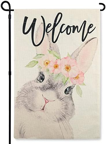 emzrivo Welcome Easter Garden Flag 12x18 Inch Welcome Rabbit Garden Flag Double Sided Burlap Easter Flag Spring Farmhouse Small Flag for Outdoor Decoration Garden Yard Lawn