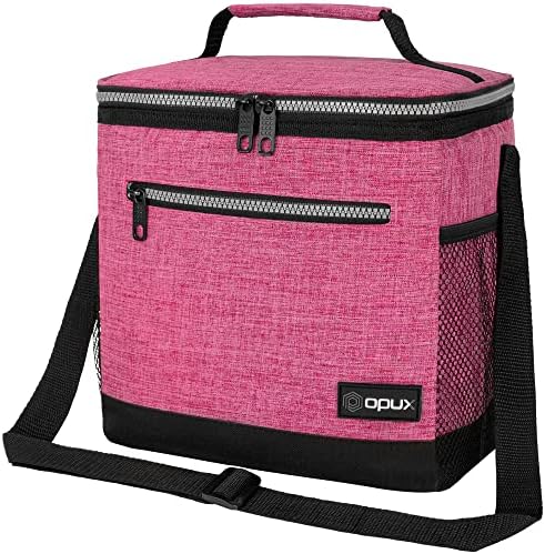 OPUX Insulated Large Lunch Box for Women Men, Leakproof Thermal Lunch Bag for Work, Reusable Lunch Cooler Tote, Soft School Lunch Pail Shoulder Strap, Pockets, 18 Cans, 10L, Heather Pink