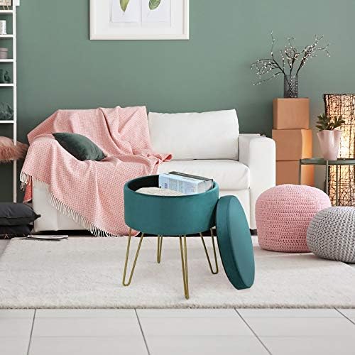 Multigot Round Velvet Stool with Internal Storage, Upholstered Dressing Table Stool Seat, Home Bedroom Living Room Padded Ottoman (Dark Green)