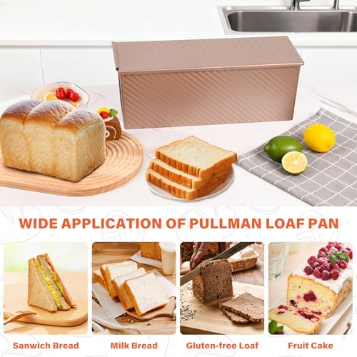 Image of Pullman Loaf Pan with Lid 13x4 Inch, 2.2lb Dough Capacity for Homemade Bread, Non-stick Corrugated Carbon Steel Bread Toast Box with Cover for Bakeware, Sandwich & Toast Oven Baking, Gold