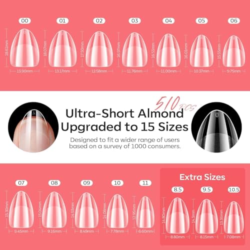 modelones Kit Gel X Nail, Upgrade 15 Tamanhos Extra Curtos Almond Gel X Pontas De Unha, Cola Para Un