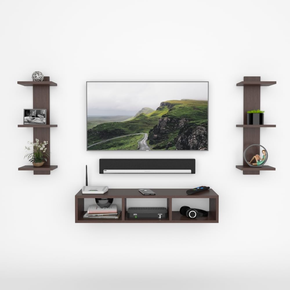 ESTANTERIA Wooden Wall Mounted TV Unit, TV Cabinet for Wall, TV Stand for Wall, TV Stand Unit Wall Shelf for Living Room, Set Top Box Stand (Brown)