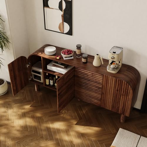 Image of 71 inch Curved Sideboard Cabinet with Storage, 4-Door Buffet Credenza, Walnut | Large wood credenza features four textured arched doors, roomy storage, and anti-tip hardware for dining rooms and entryways