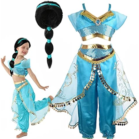 Girls Jasmine Costume with Wig for Halloween Party Dress up Cover
