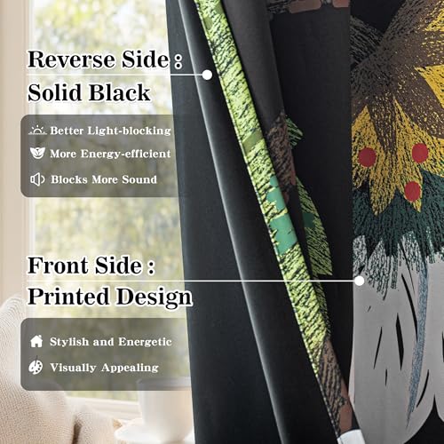 Image of MYSKY HOME Black Boho Floral Blackout Curtains 84 inch Length 2 Panels Set for Living Room Thermal Insulated Black Out Energy Saving with Bird Patterned Grommet Drape for Dining Room, 52 inch x 84 inch