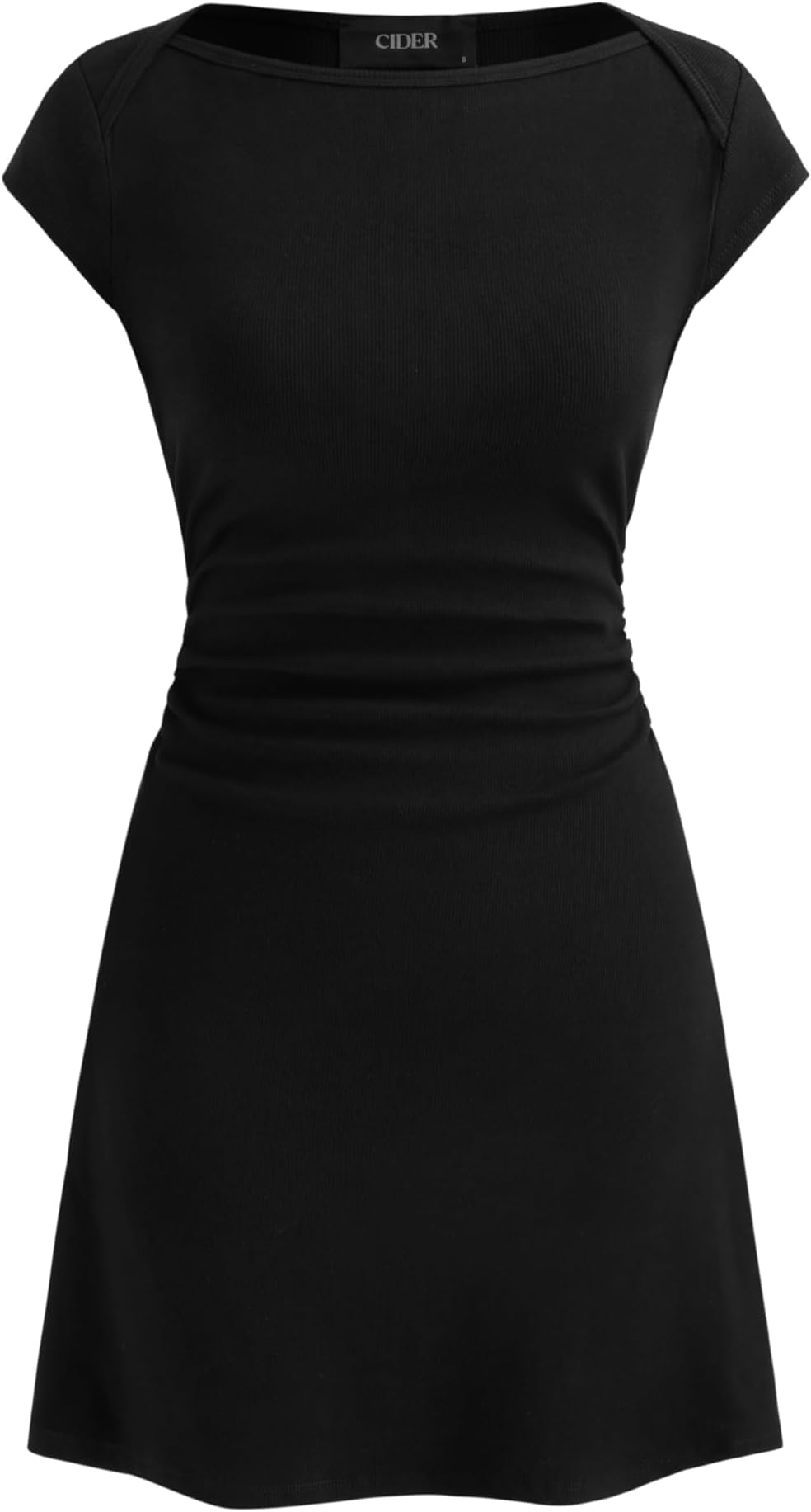 Bodycon Mini Dress Ruched Short Sleeve Solid Boat Neck Midi Waist Casual Party Date Night Club Dress
