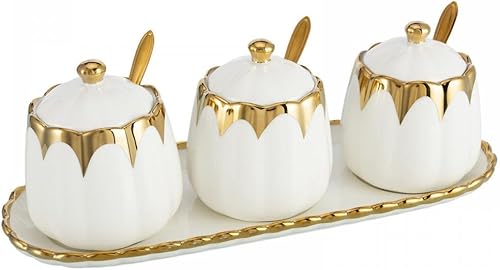 Magnitt Recipiente de especias de porcelana con tapas, cuchara y bandeja, juego de 3, moderno tarro de condimentos para tu hogar, cocina, mostrador Magnitt Recipiente de especias de porcelana con tapas, cuchara y bandeja, juego de 3, moderno tarro de condimentos para tu hogar, cocina, mostrador