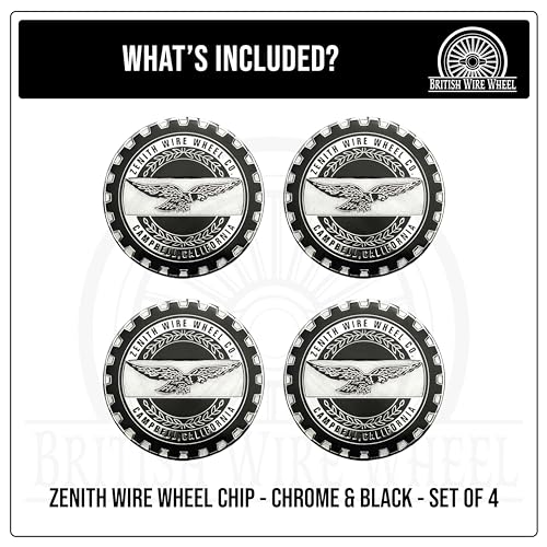 Image of Zenith Chrome & Black Metal Wheel Chip Emblems (Set of 4) | Triple Chrome Plated Solid Metal Wheel Chip Emblems, 2.25 inch | for Lowriders with Cut or Recessed Knock Off Spinner Caps
