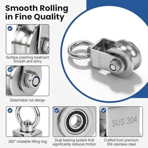 Image of Serplex 304 Stainless Steel Swivel Pulley, Heavy Duty U-Shaped Groove Single Pulley Block with 360 Rotating Eye Bolt, 3-10mm Wire Rope Cable Pulleys for Lifting, Rigging, Garage, Loading 1102 lbs