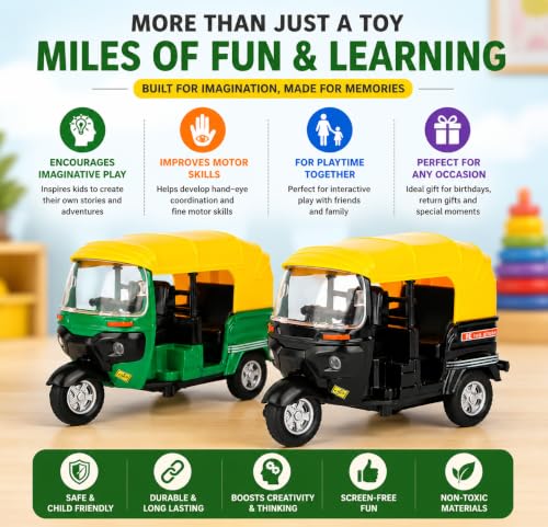 Image of PLUSPOINT Metal Auto Rickshaw Toy Set of 2 | Black & Green Die-Cast Metal Body | Pull Back Action Toy Vehicles | Detailed 3-Wheel Tuk Tuk Models for Kids | Pretend Play & Gifting